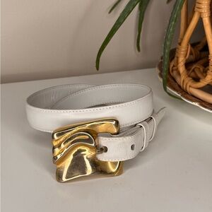 Ilana Goor White Leather Belt Sculptural Gold Buckle Vintage Artisan Designer M